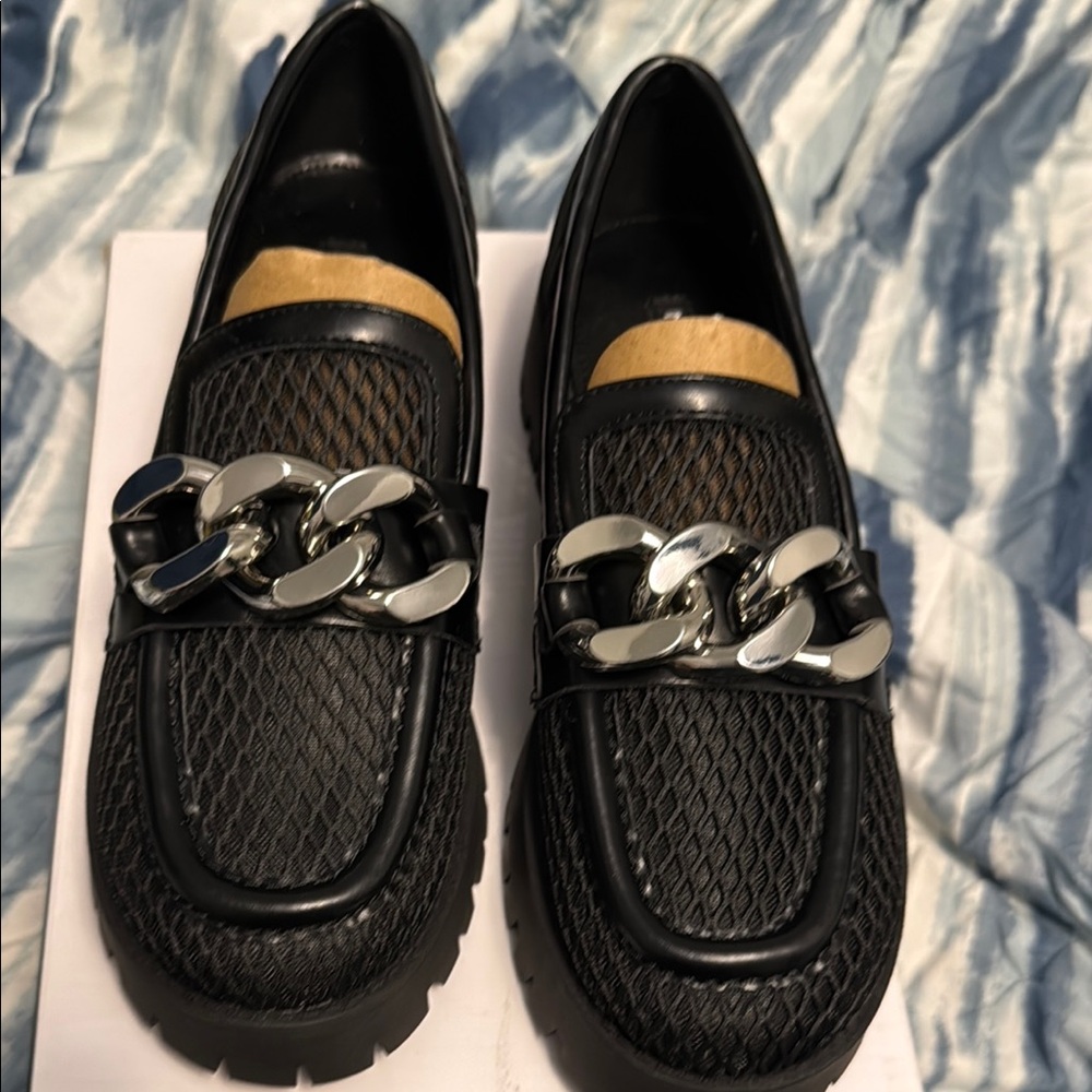 Elegant Black Loafers with Silver Chain
